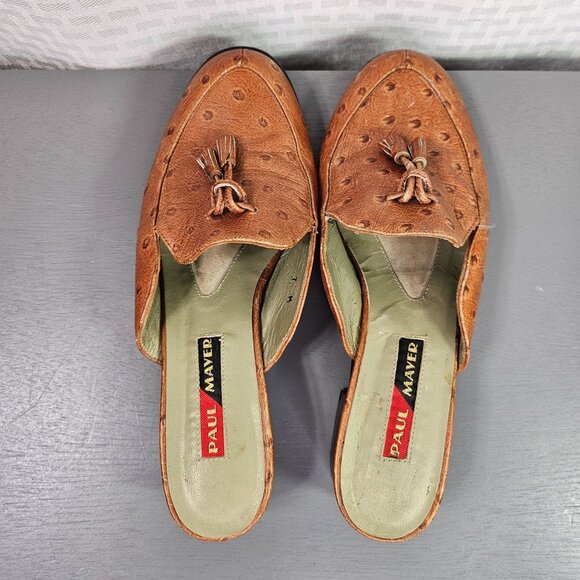 Vintage Paul Mayer Tan Ostrich Leather Low Heel Tassel Mules Size 7 - Picture 1 of 12